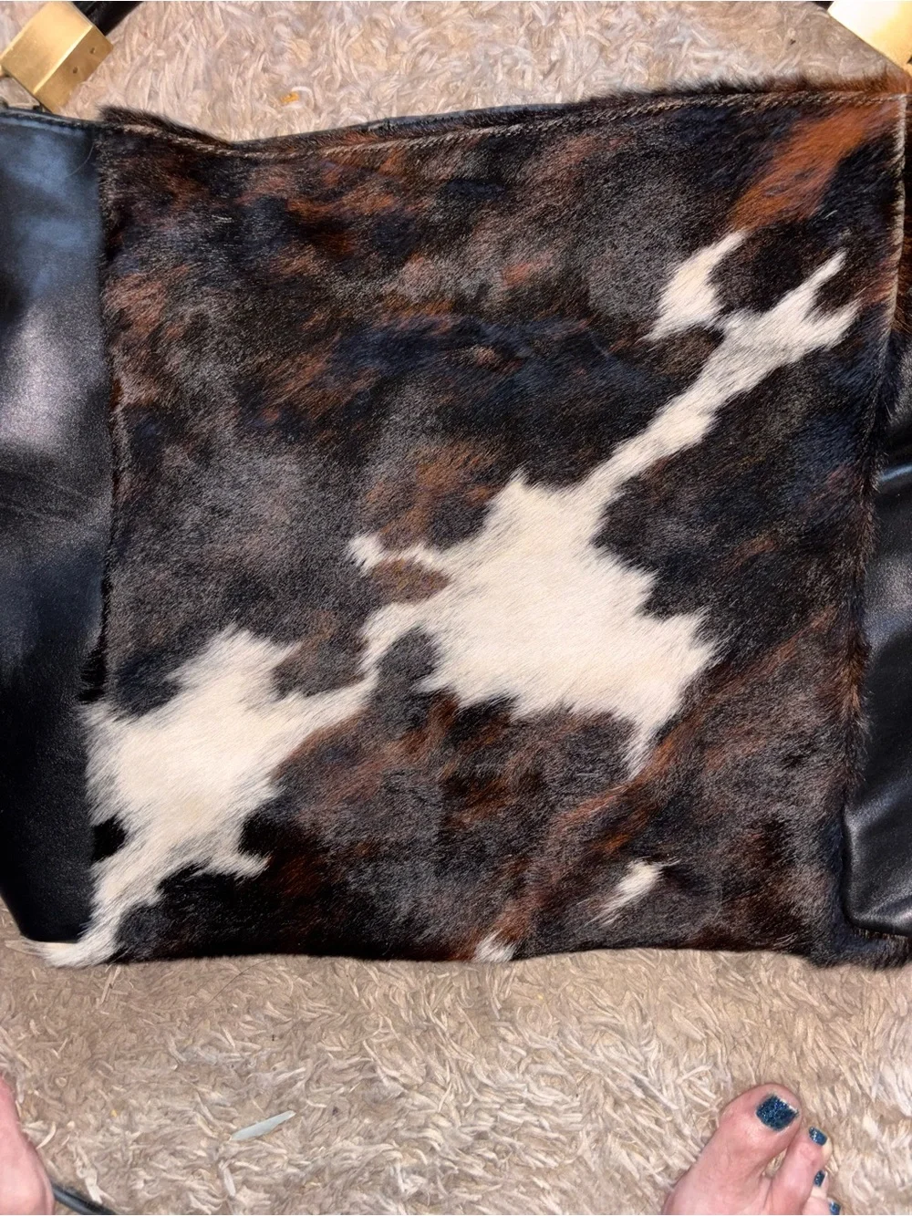 Leather & Cowhide Large Tote Handbag in Black and Brown